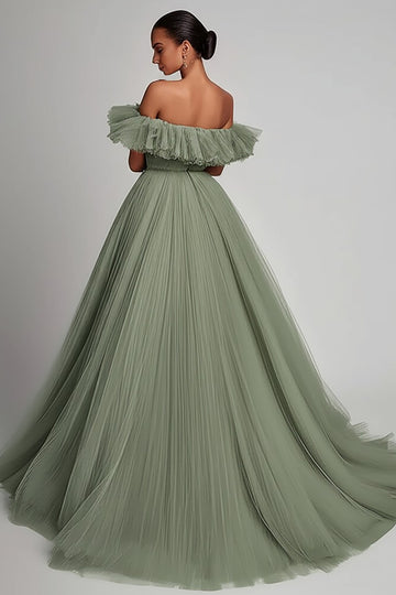 Dusty Sage Ruffled Strapless A Line Formal Dress